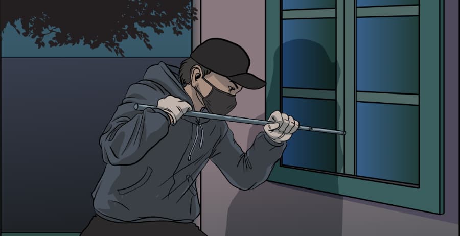 Illustration of burglar forcing entry through a window in Plano